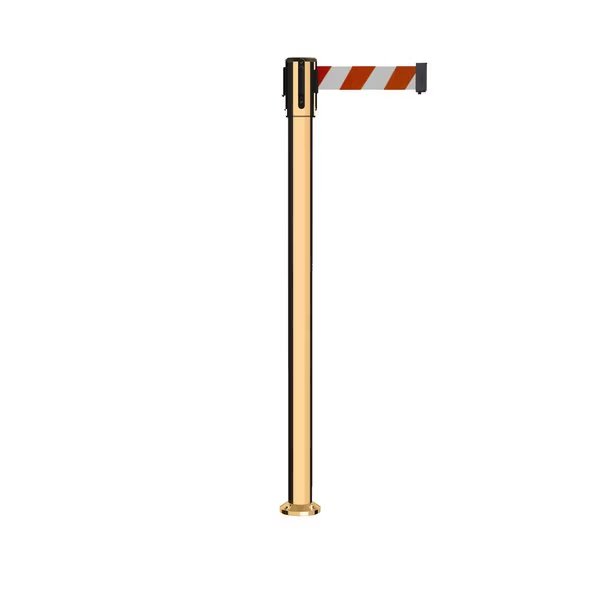 Retractable Belt Fixed Stanchion, 2ft Pol.Brass Post  9ft. Rd/Wh Belt, Montour Line, Mfr#: MX530F-PB-RWD-90
